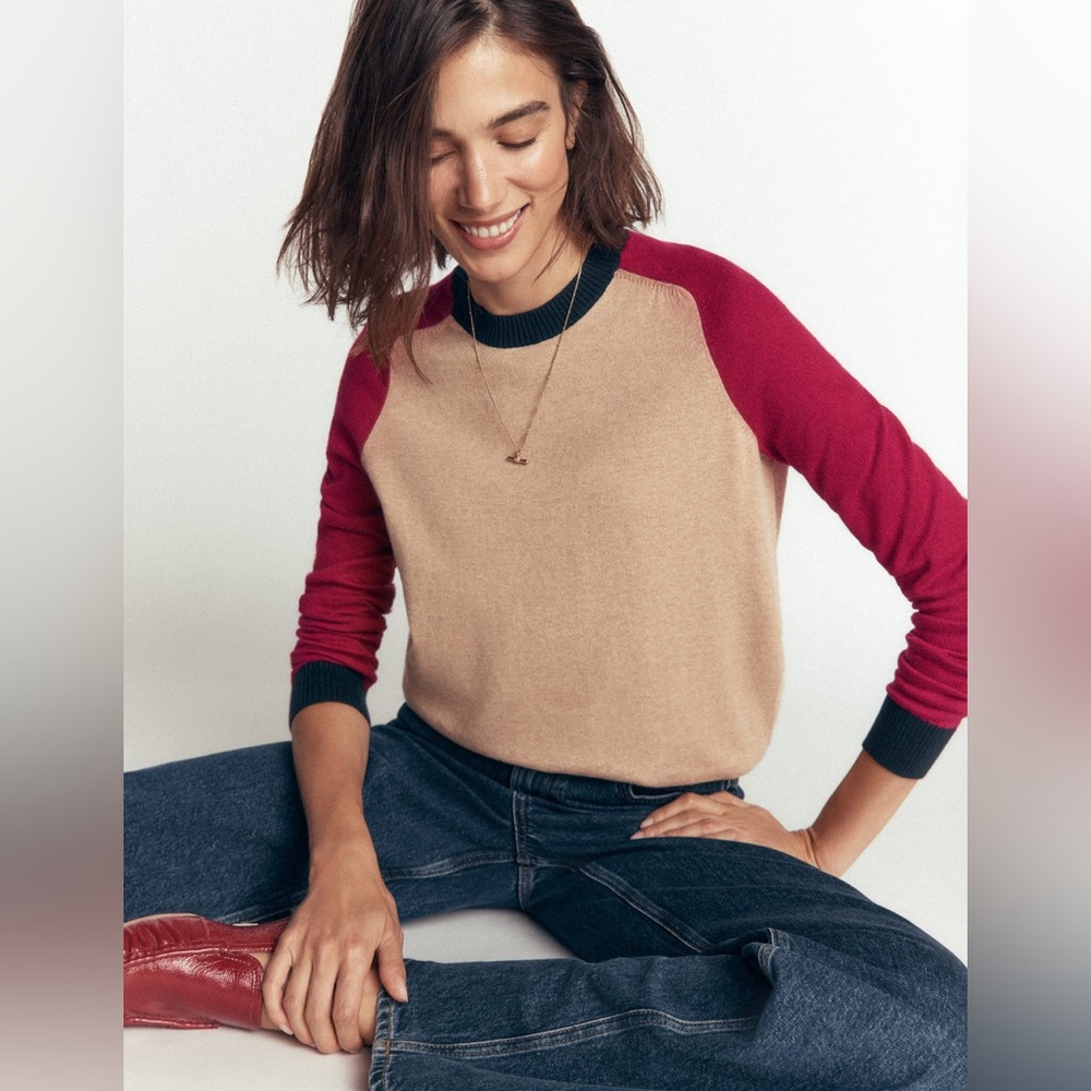 NWT Boden Meg Raglan Sleeve Sweater in Camel Melange, Red